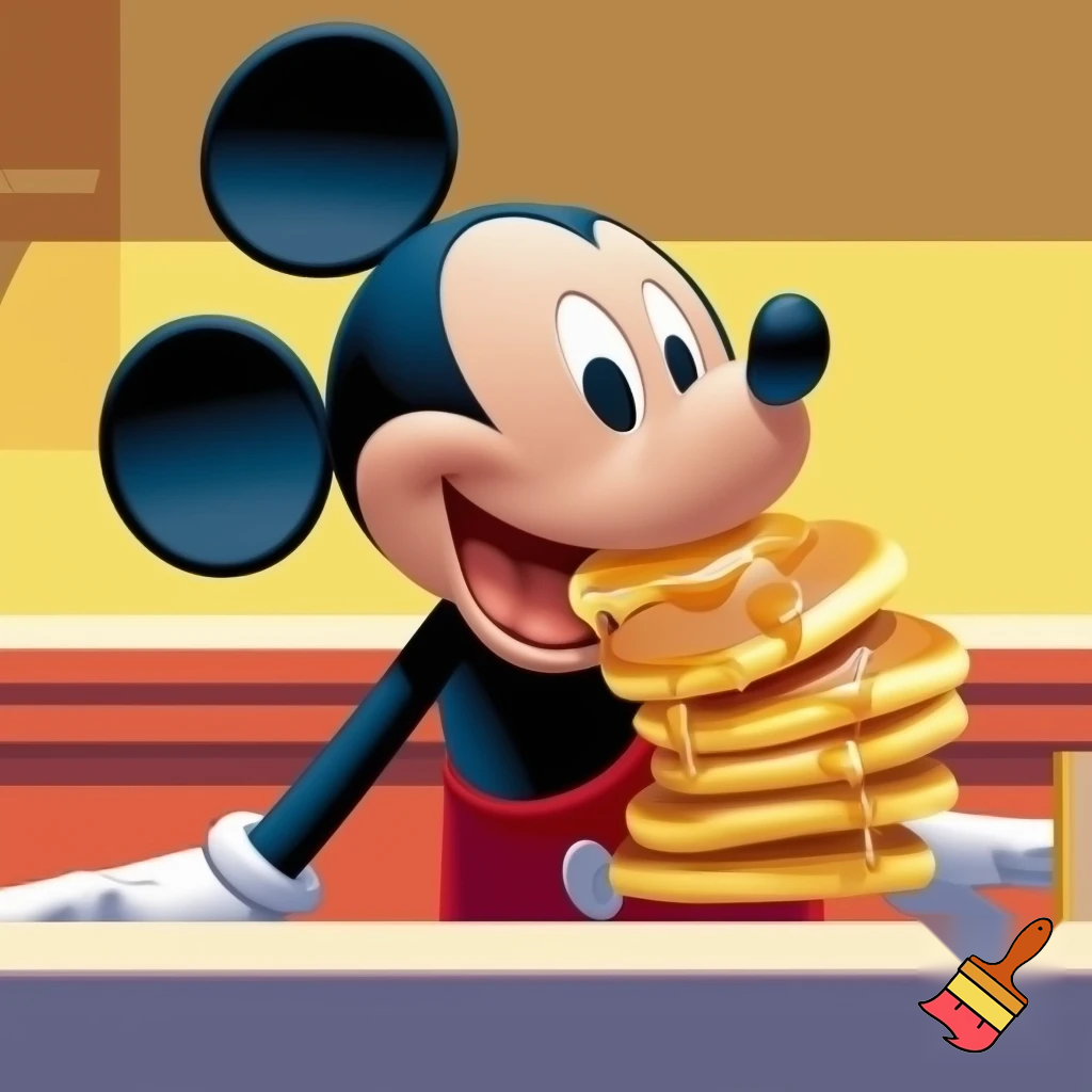 mickey mouse (paul rudish shorts visual style) eating a pancake.