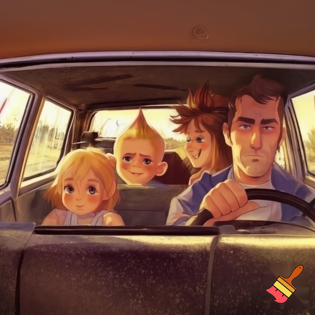 Family of four with a young girl with blonde about five years old, a boy about ten years old with a Mohawk, a mum with messy hair, and a dad whose always serious with patchy hair in a car


