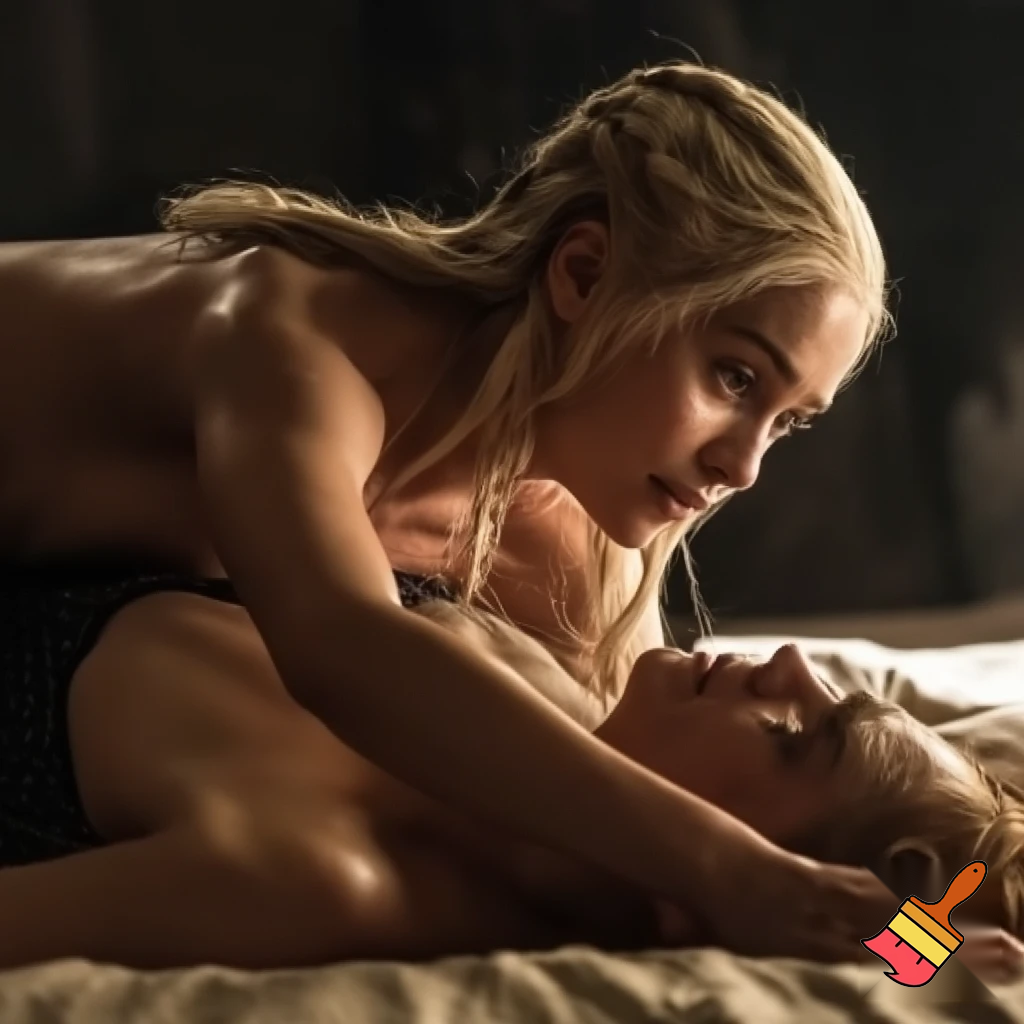Daenerys Targaryen and Cersei Lannister wrestling on the bed , Cersei Lannister is under Daenerys and losing. Both are naked and all sweaty 
