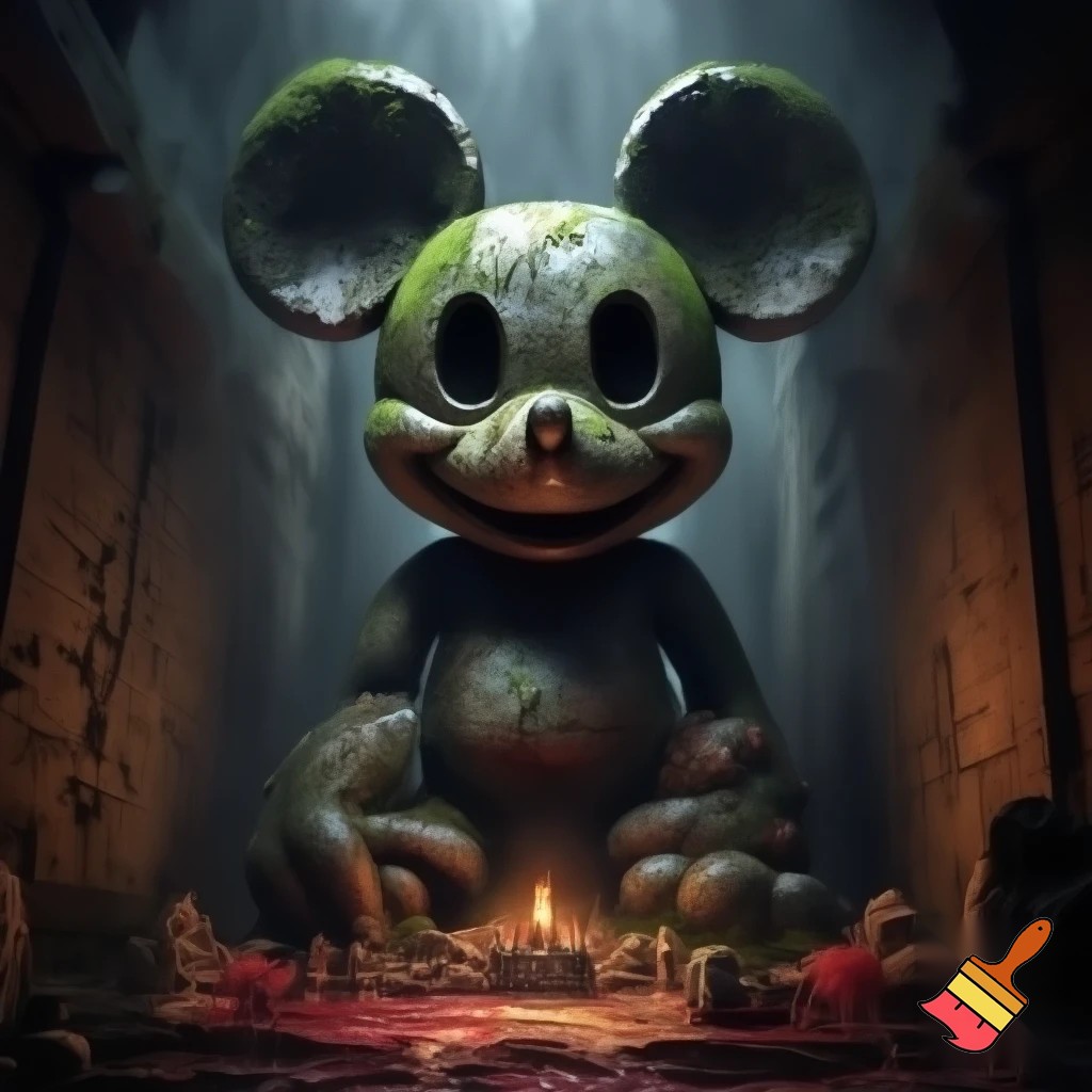Ancient stone idol of Mickey Mouse with blood sacrifice
