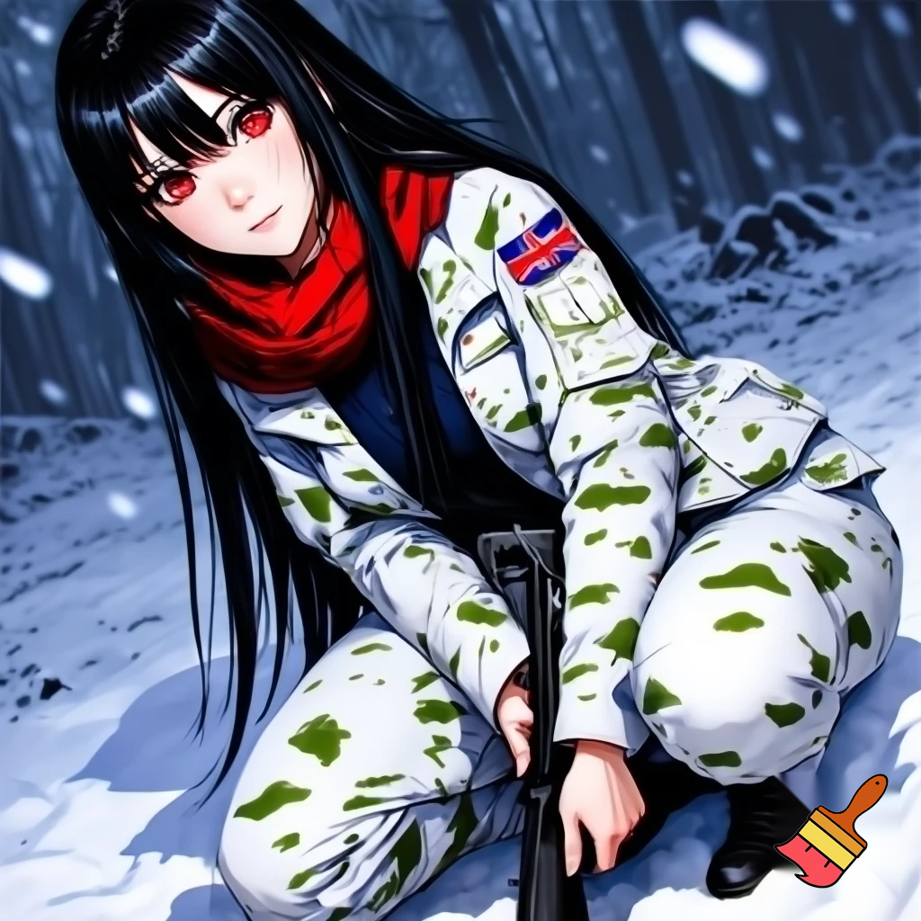 realistic colours, zoomed out veiw. large eyes looking to the left behind the camera, long black hair, red eyes, 19 years old girl. wearing white military camo clothing, jacket and pants  with british sas flag on the sleeve, kneeling in snow, holding a rifle. anime stye 