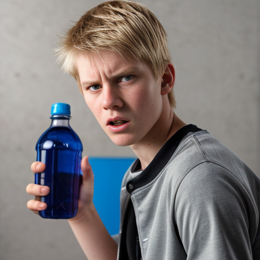 a blond teenager that is angry and looking at the camera. make him really ugly and holding a water bottle