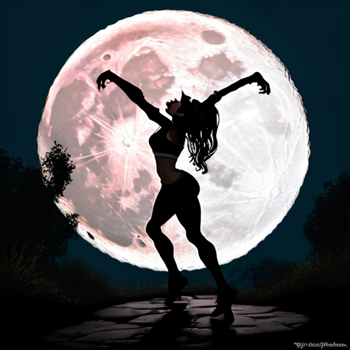 athletic female werewolf shifter. standing in front of the moon. dynamic pose. high quality. in the style of dungeons and dragons.