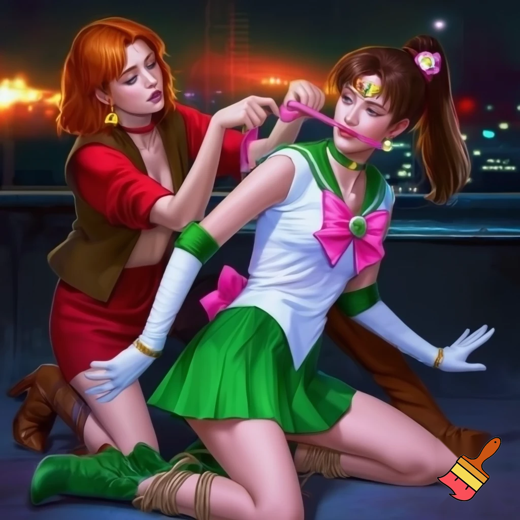masterpiece, best quality, 2girls, female on female, 1girl, woman, Carol (didnapper), red hair, short hair, brown eyes, medium breasts, red shirt, exposed collarbone, exposed navel, exposed shoulders, brown open vest, brown boots, red shorts, kneeling behind another, smile, putting on gag, over the mouth gag, tying knot, BREAK, 1girl, sailor jupiter, medium hair, brown hair, high ponytail, hair ornament, sidelocks, green eyes, flower earrings, circlet, sailor senshi uniform, magical girl, green choker, green sailor collar, pink bow, white gloves, elbow gloves, green skirt, pleated skirt, pink back bow, green footwear, high heel boots, tied up with rope, bound arms,bound legs, arms tied behind back, hands tied behind back, kneeling, angry,red lips, BREAK, city, night, 
