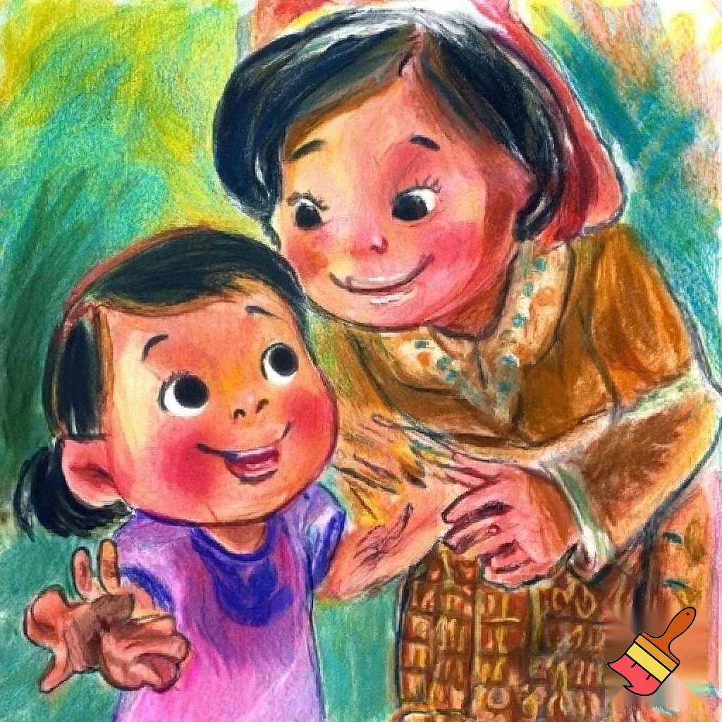 create a colorful crayon drawing of a girl and her malay maid