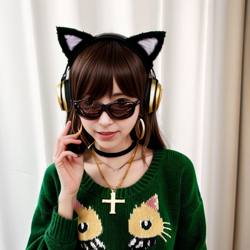 Make a cute anime girl with brown hair and has green eyes and has dark green curtain bangs and has cat ears and a green sweater and black headphones on her neck and has a gold cross necklace and small gold hoop earrings 