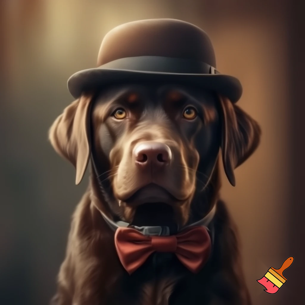 an image of a chocolate lab wearing a bowler hat with a bow tie
