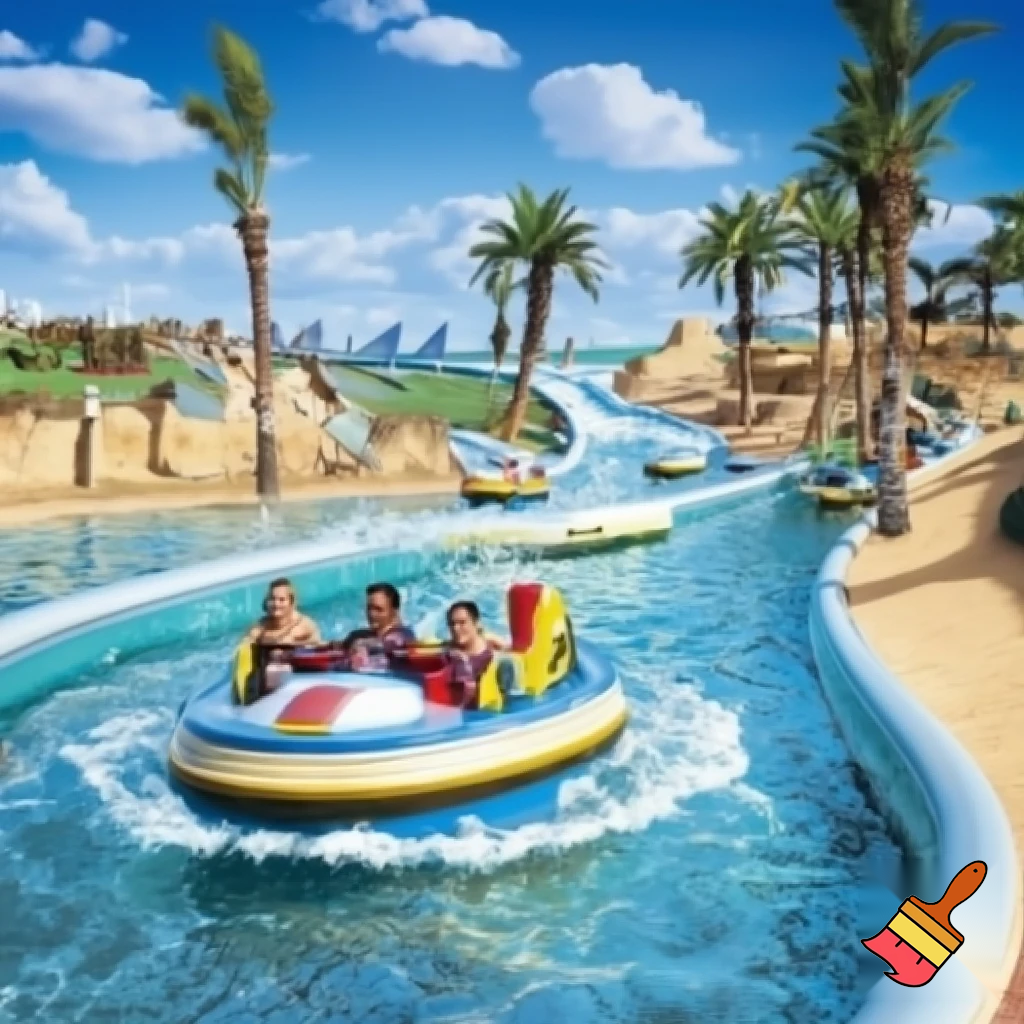 Create a realistic water boat theme park ride inspired in beachy Malibu with a fun vibe. Add path