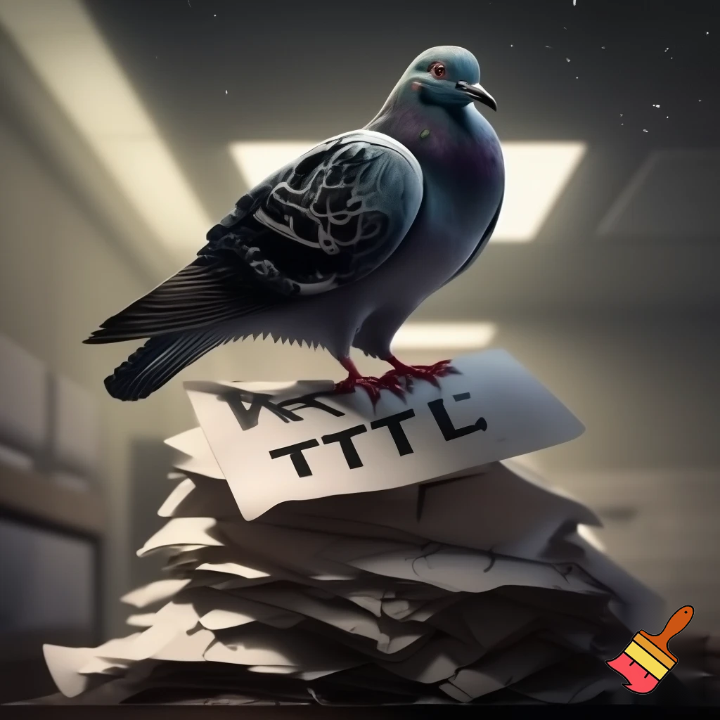 A pigeon on top of a pile of papers with the words "Income Tax" written on them