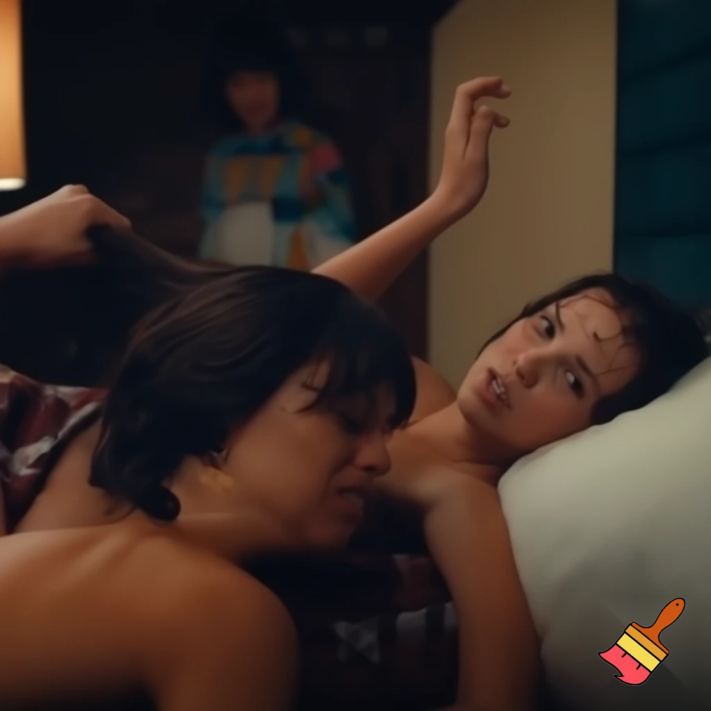 Millie Bobby Brown and Jenna Ortega are fighting on the bed. Millie Bobby Brown is under and losing. Both are naked and they are very sweaty and angry