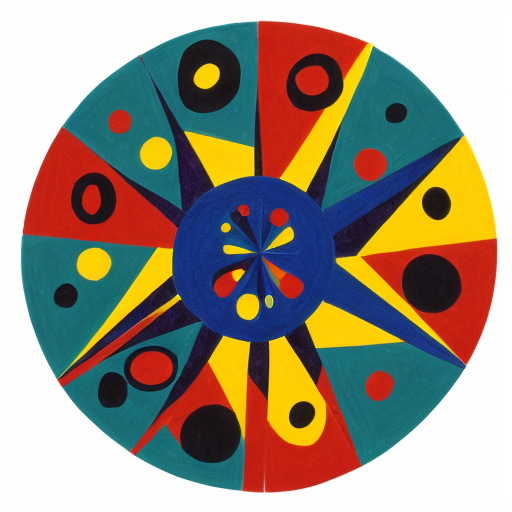 Put abstract Features in a circle consisting of multiple abstract figures in  Miro  and Matisse style