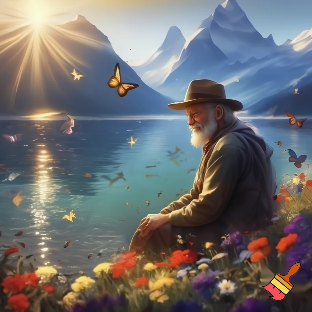 Ein älterer Mann sitzt an einem See und trägt einen Hut. Die Sonne scheint. Im Hintergrund sind hohe Berge zu sehen. Auf den Gipfeln liegt Schnee. Es blühen viele Blumen und es fliegen Schmetterlinge.