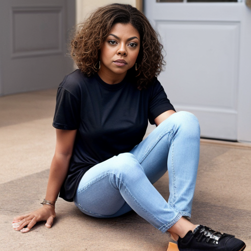 Taraji P. Henson long brown curly hair black t-shirt under t-shirt and blue jeans and black toes out shoes 
