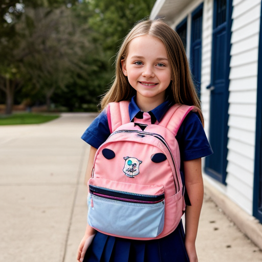 A bright, colorful children’s book cover in the style of a Disney cartoon. In the center, a smiling girl stands in front of a cheerful elementary school building, next to her younger brother who has Down syndrome and autism.

The girl has light skin and big expressive eyes. She has blonde hair in a high ponytail with a cute hair tie. She is wearing a light pink skirt and a white ruffled shirt, with a colorful backpack on her shoulders.

Her brother has light skin, short fluffy hair, and gentle, happy eyes. Show his features clearly so it’s clear he has Down syndrome, but in a kind and respectful way. He is wearing a dark blue shirt, black shorts, and a backpack. He is smiling and standing close to his sister, maybe holding her hand or standing shoulder to shoulder, to show their strong, loving bond.

Behind them is a warm, welcoming school building with big windows, a front door, and the school name on a sign or banner. Add trees, flowers, and a sunny blue sky with soft clouds to make the scene bright and happy, like a Disney movie background.

At the top of the cover, in large, playful, Disney-like letters, write the title: “Posey’s Story”.
Leave space at the bottom for the author’s name.

The overall style should be like a Disney animated film: soft shading, big friendly eyes, rounded shapes, and an emotional, heartwarming feeling that celebrates siblings, kindness, and inclusion.