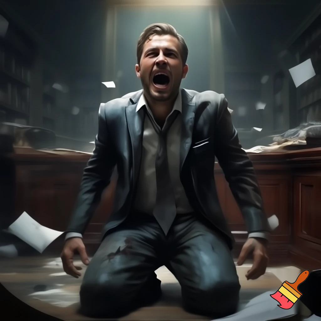 make a guy screaming and crying on his knees after losing everything. Make it super exaggerated. Make him at his office with a suit and tie