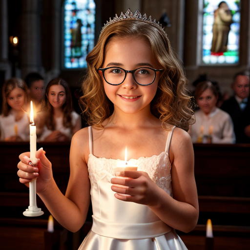Cute adorable niña Chilindrina glasses con hair curly Blonde con corona Flores con verano elegante formal primera comunión sensual sexy con holding vela dé candela con altar con iglesia templó católico 3