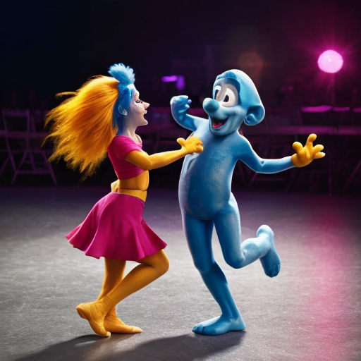 Show me a picture of Smurf and Smurfette dancing together.