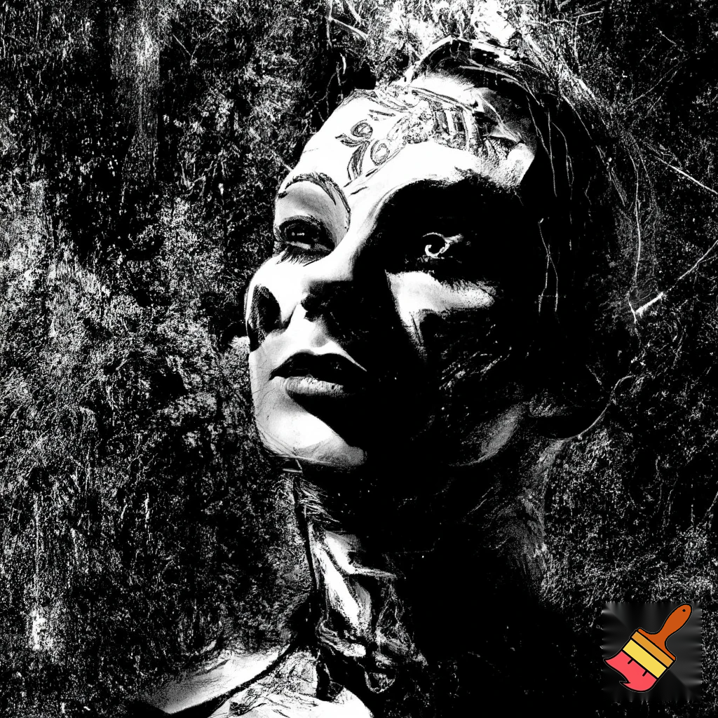 Bio-mechanical girl portrait, noise art. In the style of a 1920's German Expressionism. Black & white.