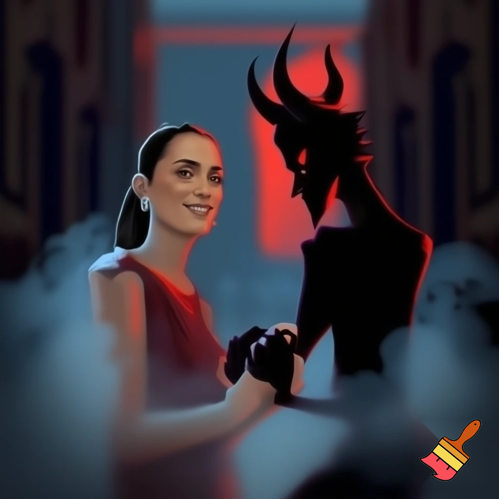 claudia sheinbaum holding hands with the devil and smiling, 