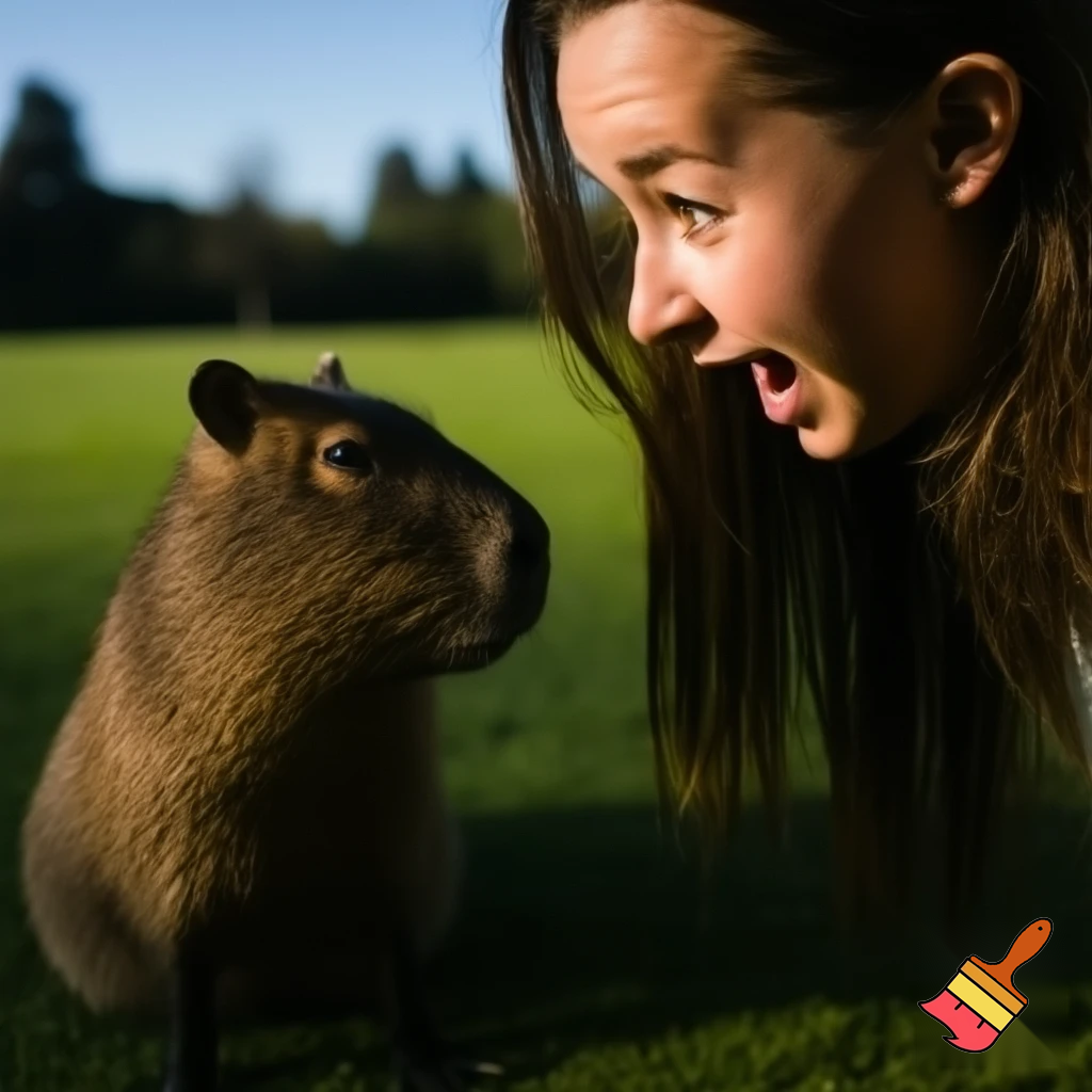 a woman opened her jaw when she see a capybara
