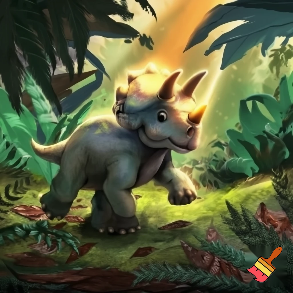 Draw a baby triceratops in the wild with a glowing nose horn