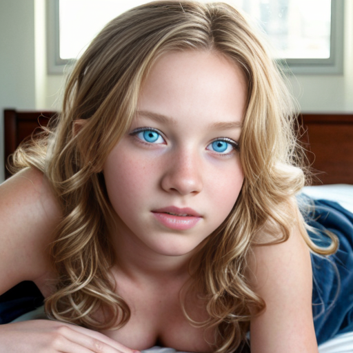 teen ,, , lifelike, portrait, highly detailed, , sharp focus, illustration, art by kittichai  and james gurney and alphonse mucha, ,  with curly blond hair and vibrant blue eyes, photorealistic, at her room, laying