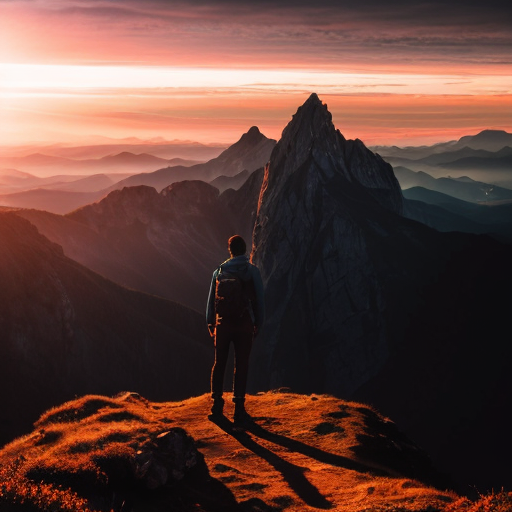 "A majestic sunrise over mountains with a person standing on a peak, looking inspired, cinematic lighting, ultra-detailed, motivational atmosphere"