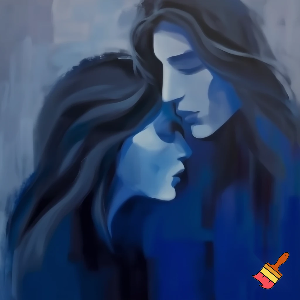 acrylic painting romantic couple man and woman with a long hair love blue and grey modern abstract
