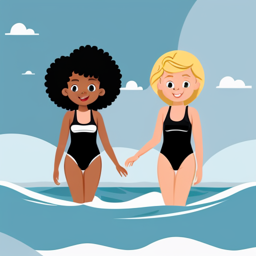 Two young small girls, one with dark skin, black curly hair and red two-piece swimsuit, and the other with light skin, blonde straight hair and blue two-piece swimsuit, they are playing in the sea, cartoon-style animation 
