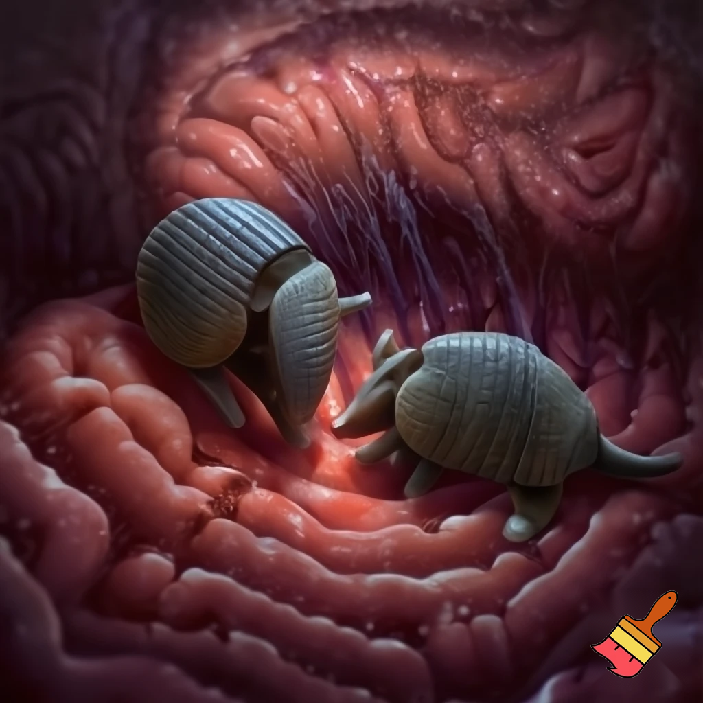 Armadillos wrestling inside a fat man's large intestine 