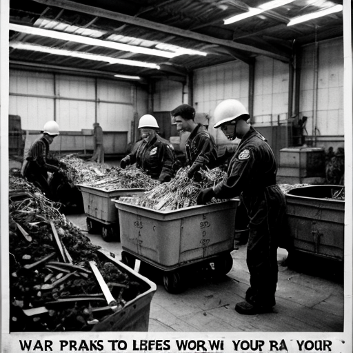 Women work in factories building equipment. Men in uniform prepare to leave for war. Children collect scrap metal in a red wagon. Posters on walls say, “Careless Talk Costs Lives” and “Grow Your Own.”