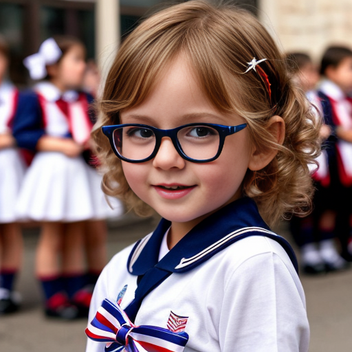 Cute adorable niña Chilindrina glasses con hair lazo curly Blonde con sailor uniforme escolar con zapatos negros escolar con calcetines blancos con Estados Unidos América bandera con desfile con ciudad 1