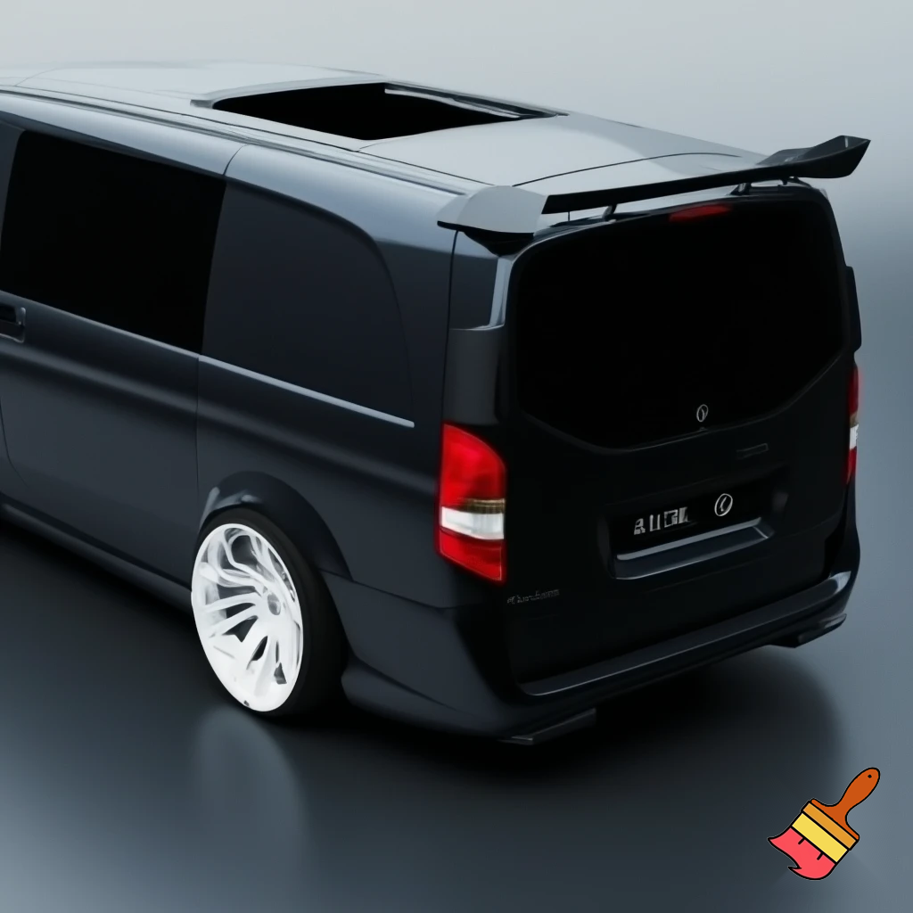 mercedes vito  w638, 19-inch rims braid - 28-inch white Selcus Wheels rims, has extra-large kit car spoiler, wide fenders, sunroof, no music, glazed.
