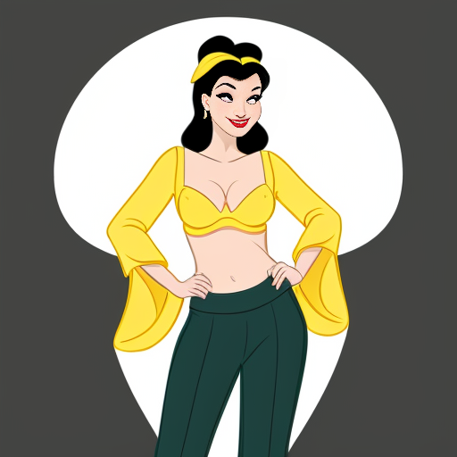 90's disney's 2d style black background and of tiana with dark green harem pants and bra and curved slippers conjoined by the belly of snow white with yellow harem pants and yellow bra and yellow curved slippers both gives a smile and winking their left eye 
