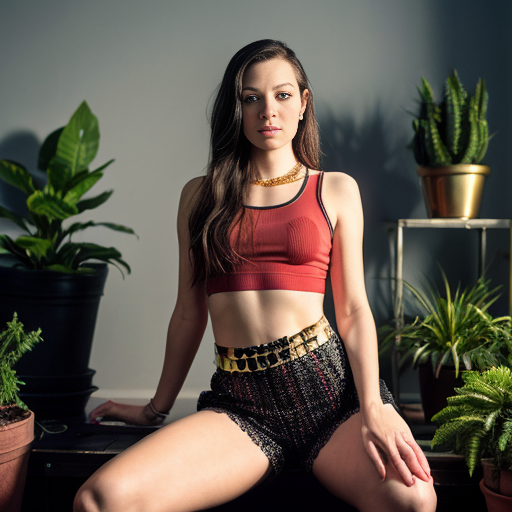 
Scene: A minimalist urban setting with potted plants.
Mood: Provocative and confident.
Expression: Dressed in a red sleeveless deep crop top and long red slit skirt, showcasing her thick thigh with a gold waist chain, the woman poses with one leg raised. She looks directly at the camera with a bold, self-assured gaze. Normal fit curvy girl 