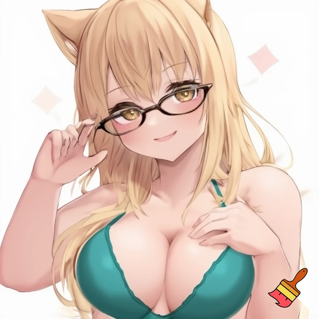 Anime girl with small breasts in a Bra and a Seductive Smile, cat eye glasses, cute with teal underwear clothes and blonde hair and hazel eyes