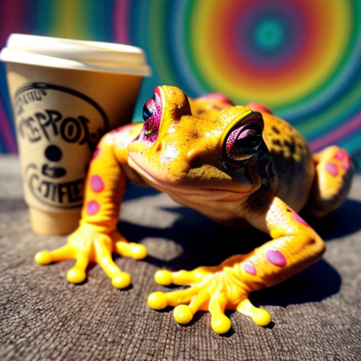 A hillarious, funny boho toad with some hippie colored coffee cups. Psychedelic decorated background, hyperrealistic. Close-up view.