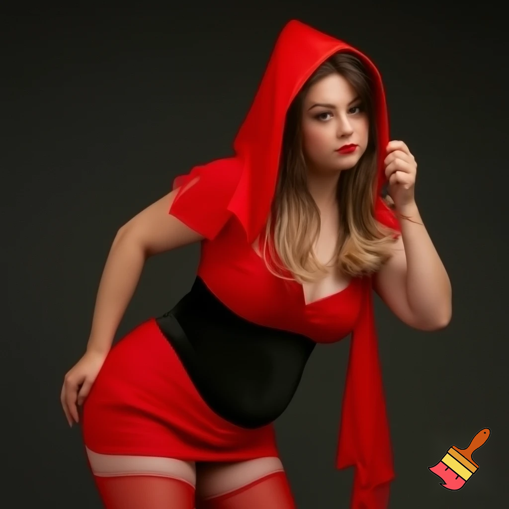 Elegant and curvy massive Little Red Riding Hood with miniskirt, transparent red pantyhose