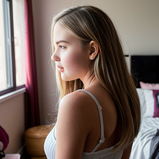 ultrarealistic teen girl, at her room, on four legs, backview, blonde, lookds at camera, pulling down, sideview,, shows tongue, 