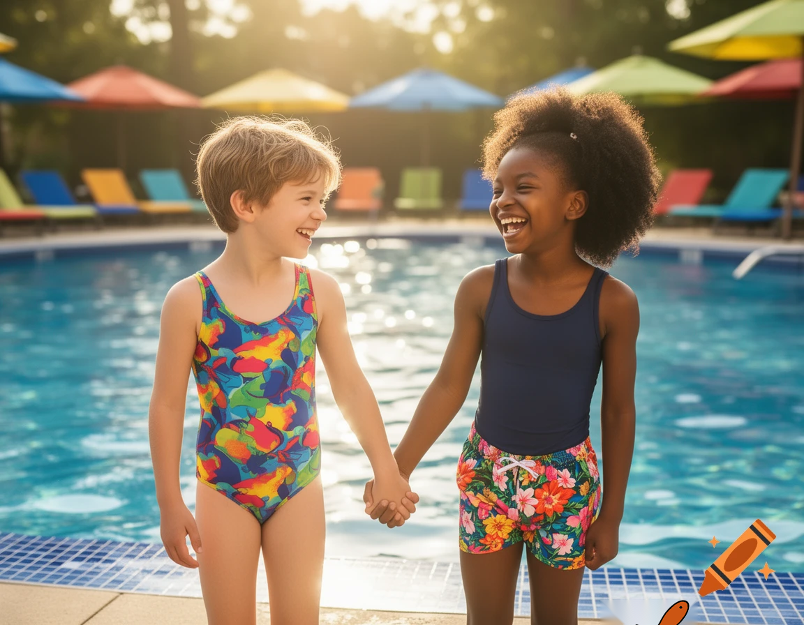 A wholesome scene suitable for children. A ten year old couple having fun on their first date. He is white and she is black. They are holding hands. They traded swim suits: she is wearing his trunks and he is wearing her tank leotard. They are about to swim in the pool behind them.