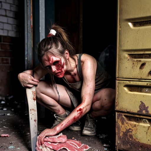 Photorealistic cinematic photograph of a grim, filthy urban back alley scene at dusk. A muscular, sweaty man in his 40s with dark messy hair tied back, wearing a blood-stained red tank top and apron, stands behind a makeshift wooden table. He is aggressively chopping raw meat and body parts with a cleaver on the bloody table, surrounded by plastic bags full of meat and gore.

Under the table in the shadows, two completely naked, dirty, malnourished women are crouched in the trash. The woman on the left has long disheveled brown hair, sits with legs apart, looking exhausted and broken. The woman on the right has shorter hair, crouches hugging her knees, looking scared. Both are covered in dirt, grime, and bruises.

The ground is covered in garbage, broken concrete, puddles, and trash bags. A rusty green dumpster and a brown bin are visible. Crumbling brick walls with peeling paint and a dirty window in the background. Extremely detailed, gritty texture, cinematic lighting with harsh shadows, hyperrealistic, documentary style, raw and disturbing atmosphere, 8k photorealism, sharp focus, natural color grading with desaturated tones and strong reds from the blood and apron.