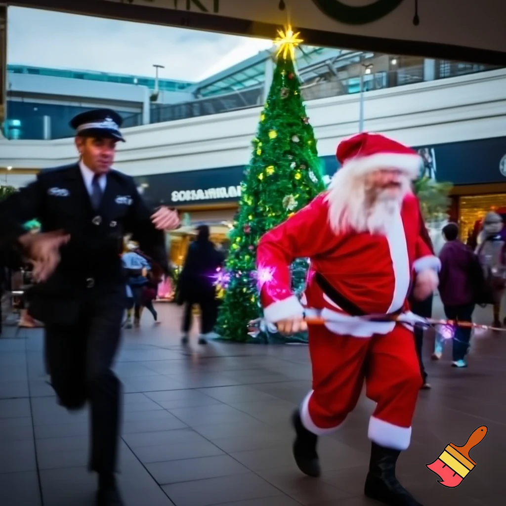 Santa Claus dancing shopping Centre walking Australian magic walking stick walking stick star running outside of the shopping centre on the Christmas tree  policeman are running