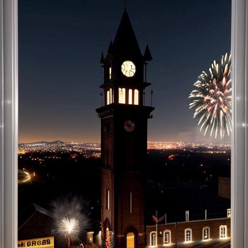view from a window on a small town at night, the clock tower at the right side and fireworks on the sky