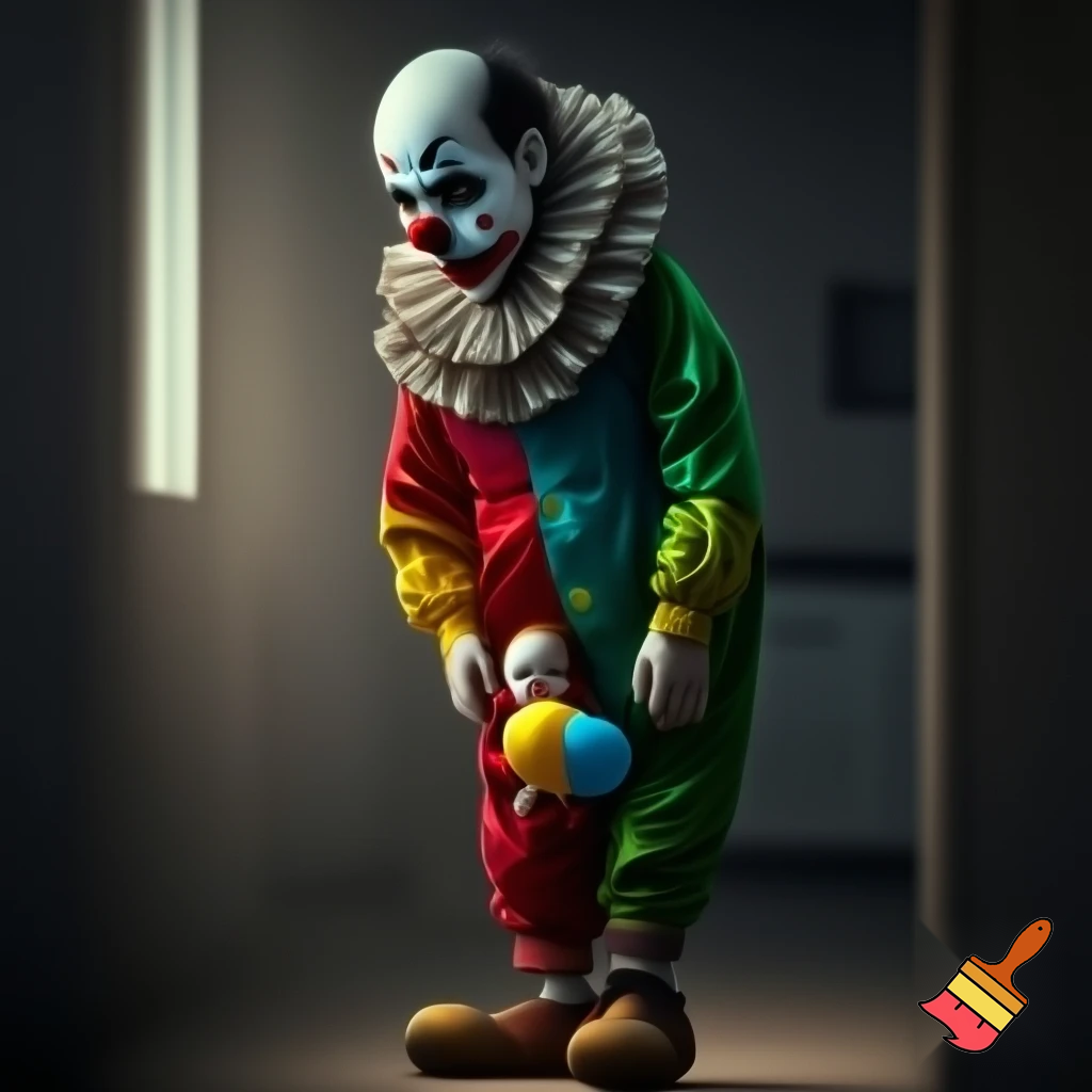 ):

A realistic full-body scene of a sad clown with detailed makeup and a colorful costume, standing quietly while a small child gently offers him a balloon animal. The atmosphere is emotional, tender, and heartwarming, with natural lighting, detailed fabric texture, and cinematic realism.