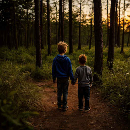 One girl one boy kids in a forest back to back in a sunset