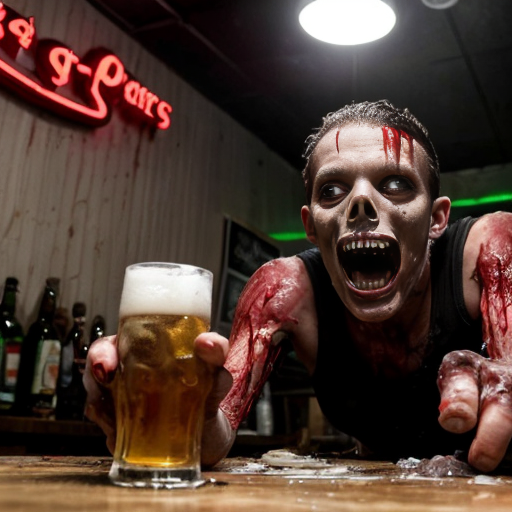 a dimly lit, smoke-choked dive bar plunged into chaos as rotting, Fulci-style zombies burst through the shattered front door and windows. Their decayed faces glisten with wet, stringy gore, eyeballs milky-white or dangling from sockets, as they lurch forward with grotesque hunger. A bartender’s head is halfway torn off, arterial spray arcing across the neon beer signs, while a patron screams mid-bite, intestines spilling from a zombie’s fist like wet rope. Glass shards and broken stools litter the sticky floor, now slick with blood and spilled liquor. One zombie’s jaw hangs by a tendon, its teeth buried in a biker’s neck as he futilely tries to shove it off, his fingers sinking into its putrid flesh. The lighting—sickly green and flickering—casts everything in a nightmarish glow, amplifying the visceral horror of entrails, shattered teeth, and the gleam of exposed bone