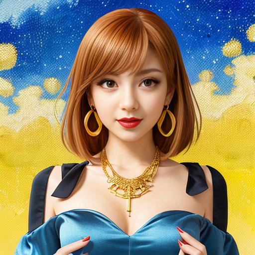 Generate an art-portrait of a young Latina woman. She wears a blue satin off-the-shoulder top, red lipstick. With jewellery: big golden necklace and great earrings with sapphires. The image has a background with gold flakes and gold leaf. Painting oil on canvas in the style of Vincent van Gogh. 