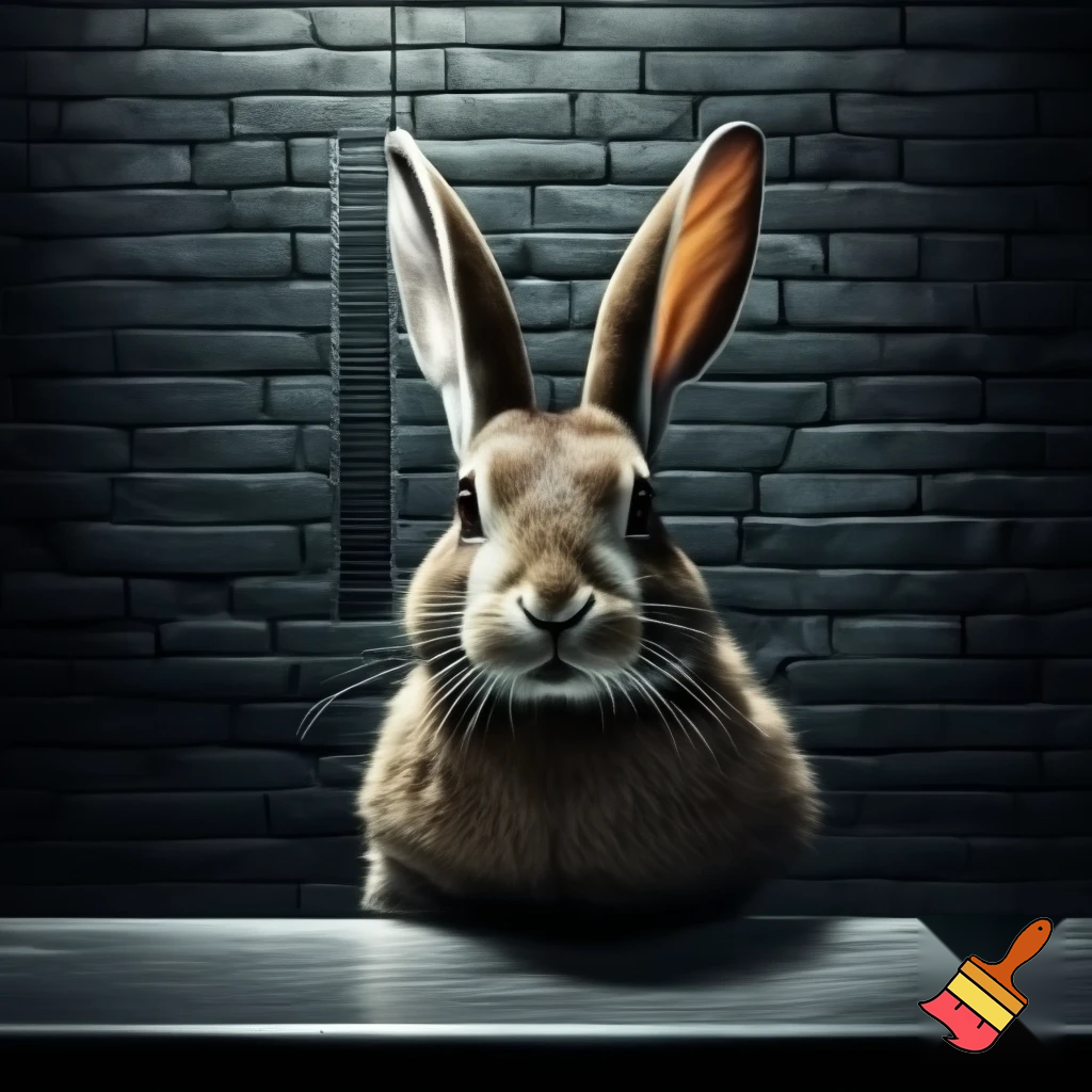 A european rabbit taking a mugshot looking sinister while having a smirk on his face