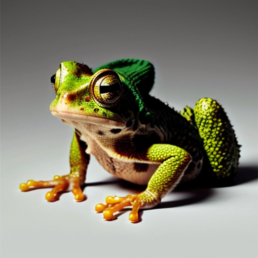 A laughable, puzzled animal toad in woolen, multicoloured winter clothings with woolen winter cap. Hyperrealistic style.