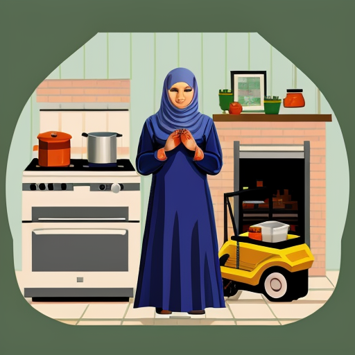 Женщина мусульманка покрытая волосы не видно груди не видно косинка длинная, стоит у плиты, готовит суп, сделай в стиле мультика пиксар